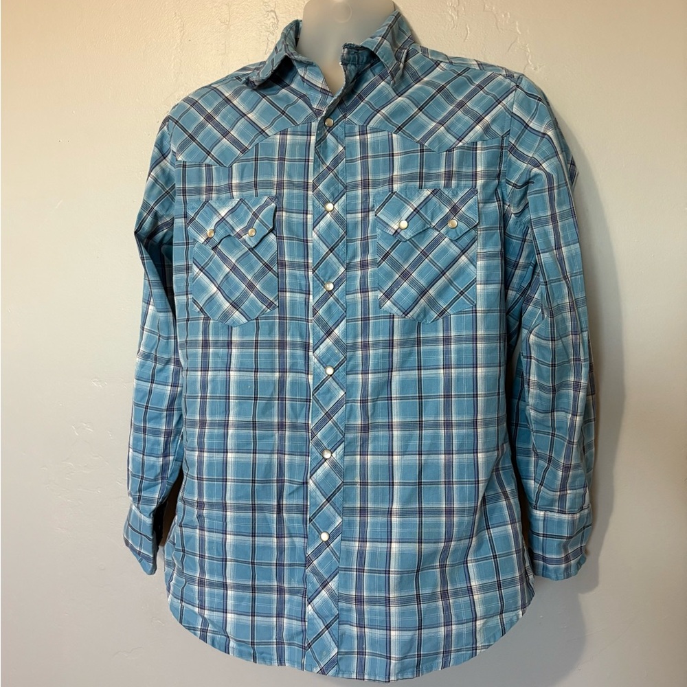 Wrangler Western Shirt Mens M Pearl Snap Blue Plaid Sawtooth Pockets Long Sleeve